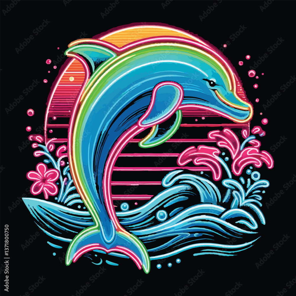 Obraz premium Neon Dolphin in a Cosmic Ocean – A Vibrant Marine Illustration