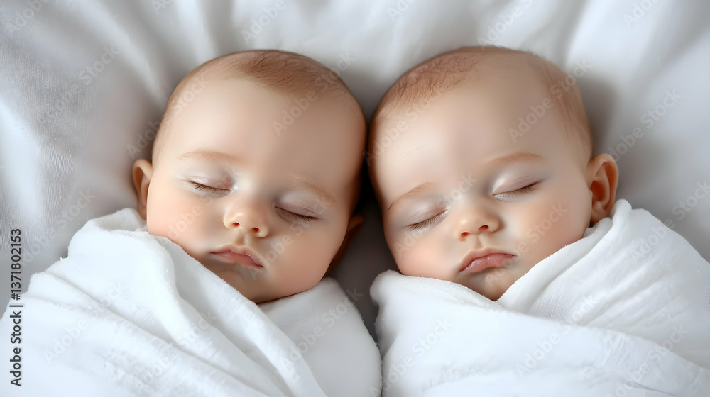 Two Newborn Twin Babies Sleeping Peacefully Swaddled in White Blankets Two Newborn Twin Babies Sleeping Peacefully Swaddled in White Blankets