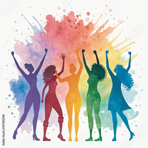 A vibrant watercolor painting of a diverse group of women joyfully for national decency day