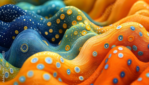 Colorful abstract waves with intricate patterns flowing in vibrant hues of blue, orange, and yellow