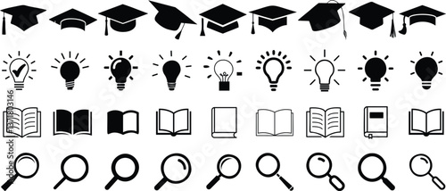 education icon set featuring graduation caps, light bulbs, books, and magnifying glasses. Perfect for academic projects, e learning, and study designs