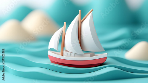 Red and White Sailboat on Teal Ocean with Green Hills