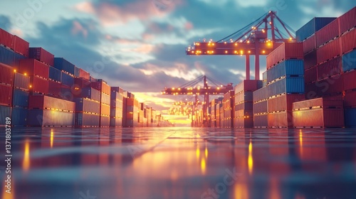 Wallpaper Mural Sunset over a bustling shipping yard with cargo containers Torontodigital.ca