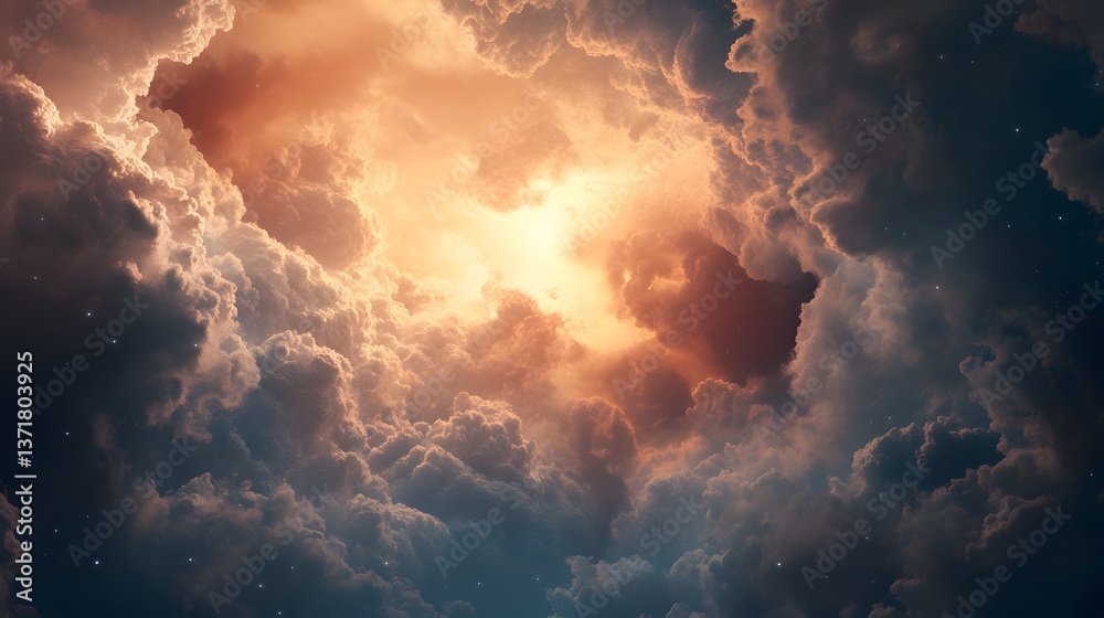 Fototapeta premium Dramatic Celestial Cloudscape Golden Light Breaks Through Dark Storm Clouds