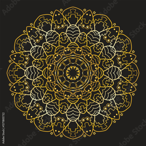 A luxurious gold mandala on a black background with intricate geometric patterns, including circles, triangles, and teardrop shapes. The symmetrical design has a metallic sheen, blending tradition wit