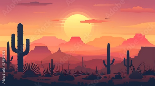 Flat vector desert scene with cacti and warm sunset tones