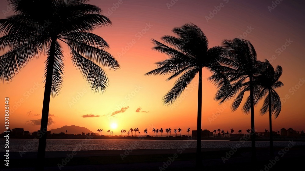 Obraz premium Stunning Sunset Palm Trees Beach Ocean Skyline Silhouette Tropical Paradise