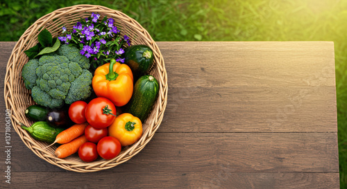 Welcome spring with fresh vegetables and blooming flowers in a basket