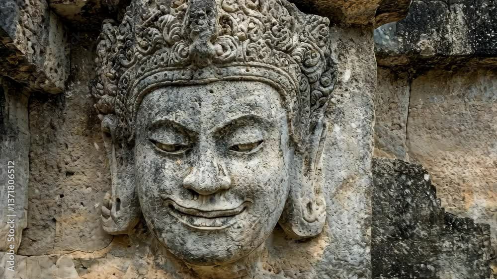 Stone carving of smiling deity found in ancient temple ruins in Southeast Asia during midday lighting