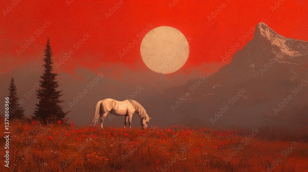 Fototapeta premium Majestic Horse in Alpine Meadow Sunset Serene Nature Scene