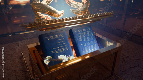 The Ark of the Covenant opened showing the Ten Commandments written in ancient Hebrew, with rod of Aaron. 3d rendering religious illustration.