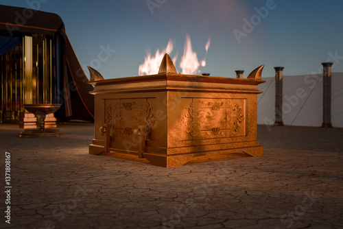 The brazen Altar of Burnt Offering or sacrifice described in the book of Moses. Exodus, Old Testament. 3d rendering biblical illustration.