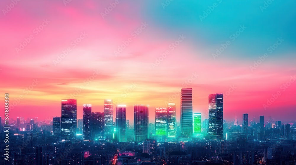 A cyber-fantasy metropolis powered by green energy, glowing under a twilight sky A cyber-fantasy metropolis powered by green energy, glowing under a twilight sky