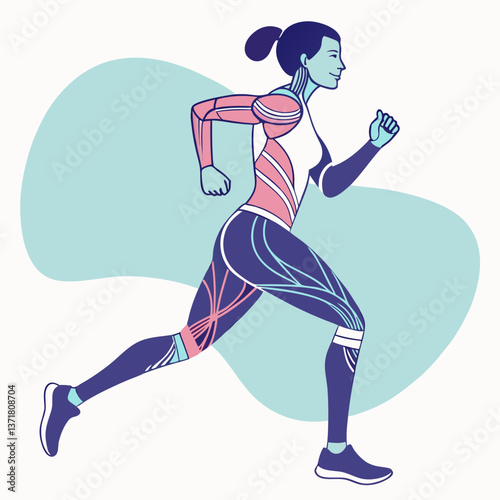 A female athlete elegantly runs, her body adorned with vivid taping on key muscle groups, symbolizing strength and recovery, set against a soothing pastel backdrop that enhances the action