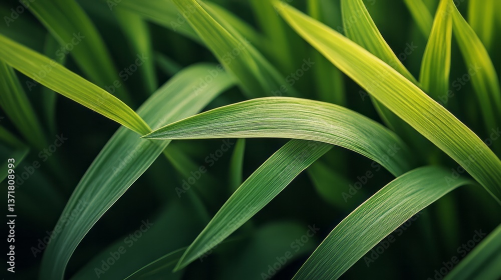 Close up of lush green grass blades overlapping each other