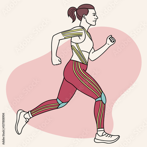 A female athlete elegantly runs, her body adorned with vivid taping on key muscle groups, symbolizing strength and recovery, set against a soothing pastel backdrop that enhances the action