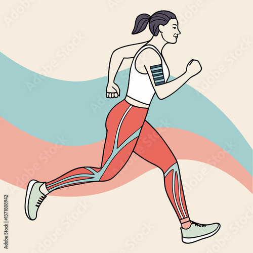A female athlete elegantly runs, her body adorned with vivid taping on key muscle groups, symbolizing strength and recovery, set against a soothing pastel backdrop that enhances the action