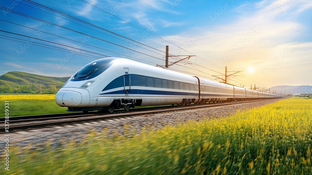 Fototapeta premium High-Speed Rail Journey Through Sunlit Fields
