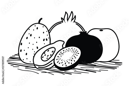 Vector illustration of fresh and organic fruits including pineapple apple pear and berries