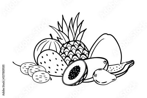 Vector illustration of fresh and organic fruits including pineapple apple pear and berries