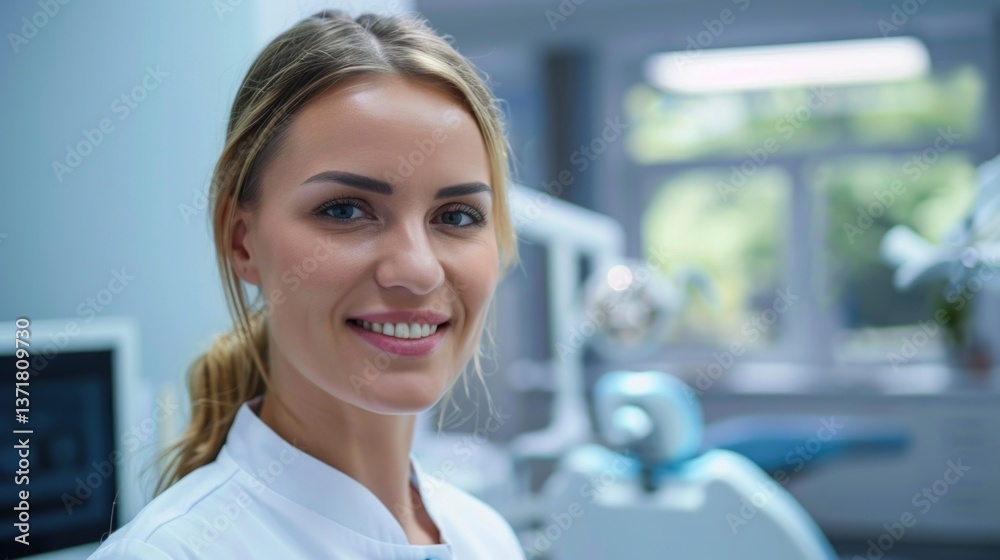 Fototapeta premium Smiling dental professional in a modern clinic setting