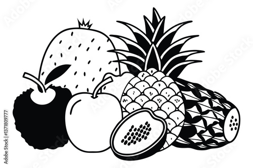 Vector illustration of fresh and organic fruits including pineapple apple pear and berries