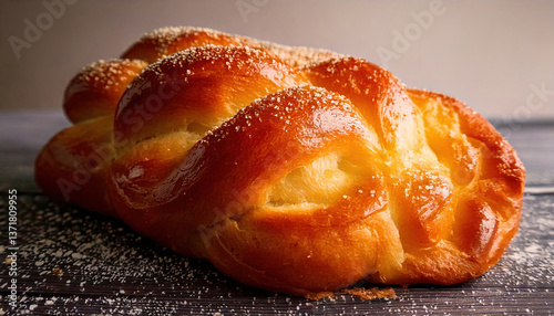 Beautifully braided loaf of brioche bread sits on wooden surface, its golden crust glistening with light dusting of sugar, evoking sense of warmth and comfort
