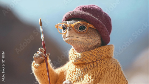 Cute anthropomorphic turtle or tortoise character wearing glasses and yellow hat holding paintbrush in whimsical artist concept