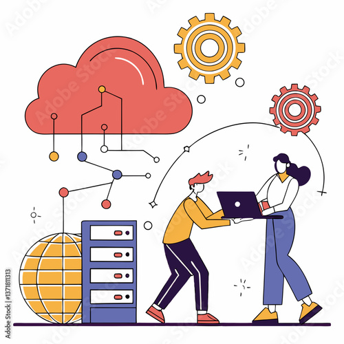Business Flat vector design technology cloud mining network connection server concept. Business team people working. Illustration cartoon character design