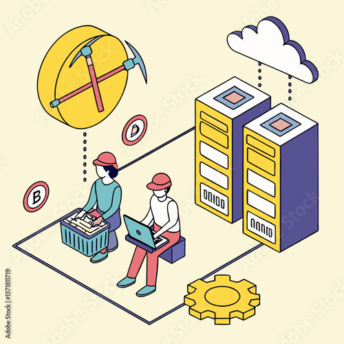 Business Flat vector design technology cloud mining network connection server concept. Business team people working. Illustration cartoon character design