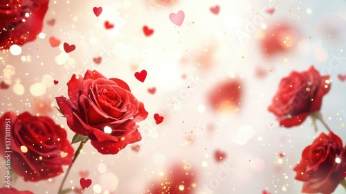 Elegant watercolor background featuring a cascade of deep red roses with delicate petals, golden sparkles, and a soft romantic glow, perfect for Valentine Day.