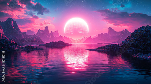 Futuristic Pink Sunset Landscape: Mountains, Lake, and Vibrant Sky