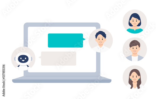 パソコンでAIとチャットする若い男性（差し替え用のアイコンセット）【人物ベクターイラスト素材】