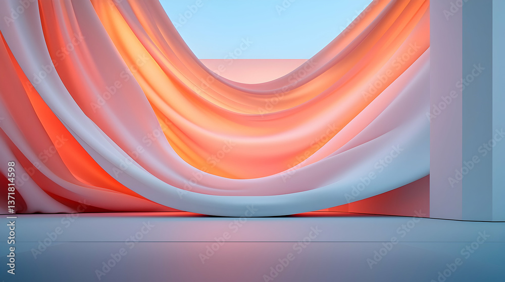 Fototapeta premium Serene Flow of Peach and White Fabric in a Minimalist Setting