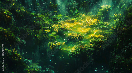Lush forest abounding with diverse plants and foliage creating a rich green environment filled with life in a futuristic ecosystem.