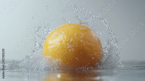 Fresh Lemon levitating with dynamic water splashes surrounding them, set against a light grey background, isolated with copy space.