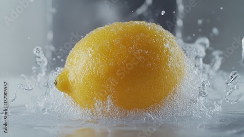 Fresh Lemon levitating with dynamic water splashes surrounding them, set against a light grey background, isolated with copy space.