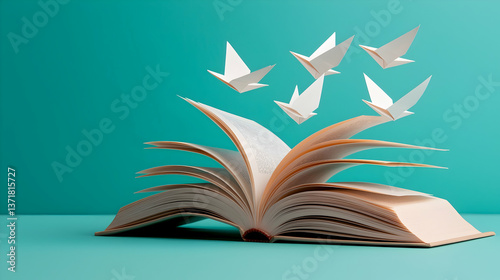 Open Book with White Paper Birds Flying on Teal Background