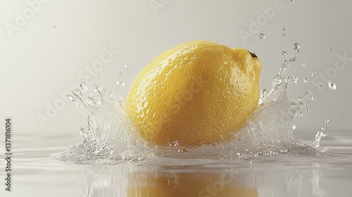 Fresh Lemon levitating with dynamic water splashes surrounding them, set against a light grey background, isolated with copy space.