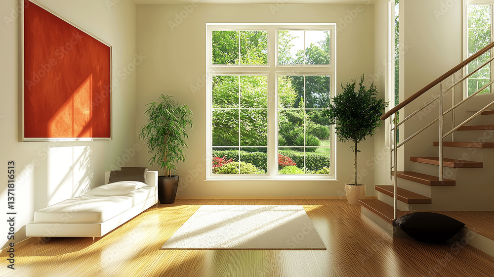 Fototapeta premium Modern House Interior Design: Sunlight Filled Room with Elegant Decor