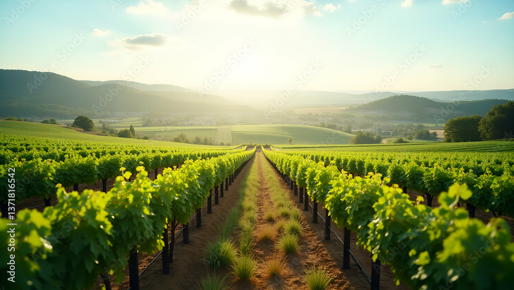 Fototapeta premium Photo Realistic Top View of a Vineyard with Automated Pruning Systems: A Double Exposure Concept for Smart Vineyard Management and Efficient Vine Care with Copy Space