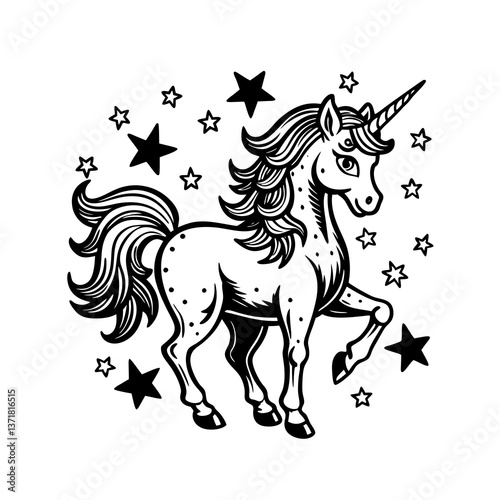 Magical Happy Unicorn Prancing with Stars , Fantasy Vector SVG