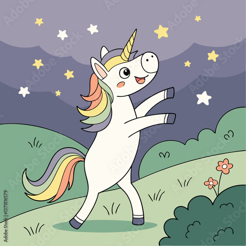 Magical Happy Unicorn Prancing with Stars , Fantasy Vector SVG