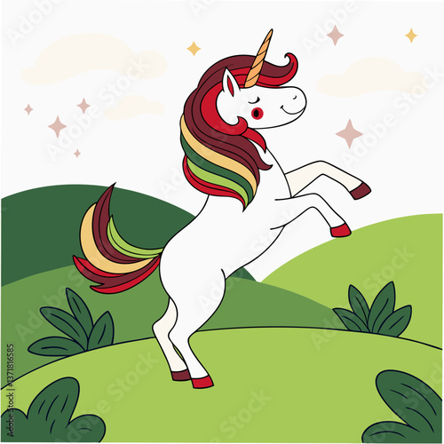 Magical Happy Unicorn Prancing with Stars , Fantasy Vector SVG