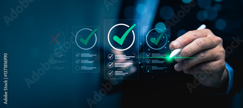Business Professional Using Digital Pen to Mark Checklists on a Virtual Screen with Green Checkmarks, Demonstrating Task Management, Quality Assurance, Project Planning, Successful Goal Achievement