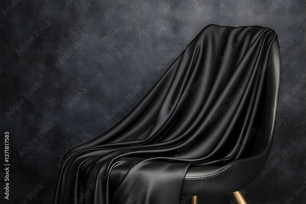 Naklejka premium Elegant black satin draped over a modern chair against a textured dark backdrop, creating a luxurious atmosphere
