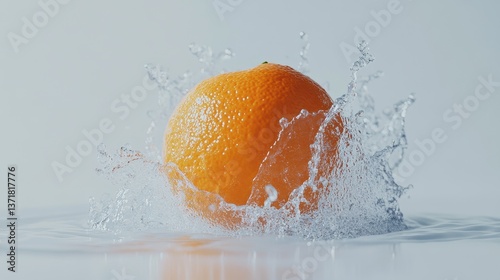 Fresh orange levitating with dynamic water splashes surrounding them, set against a light grey background, isolated with copy space.