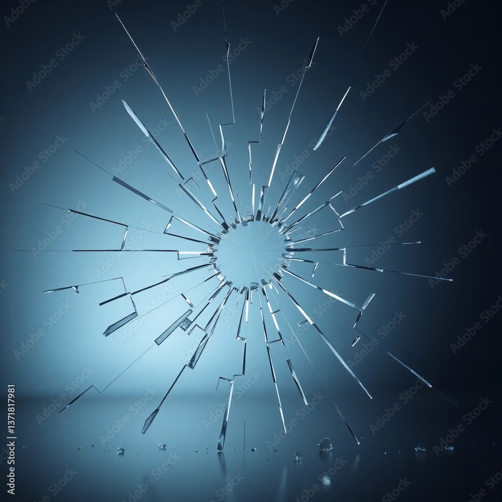 Obraz premium Shattered glass with a radial crack pattern and a blue gradient background