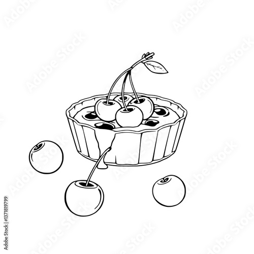 Delicious Cherry Tart A Line Art Illustration of Sweet Pastry with Cherries