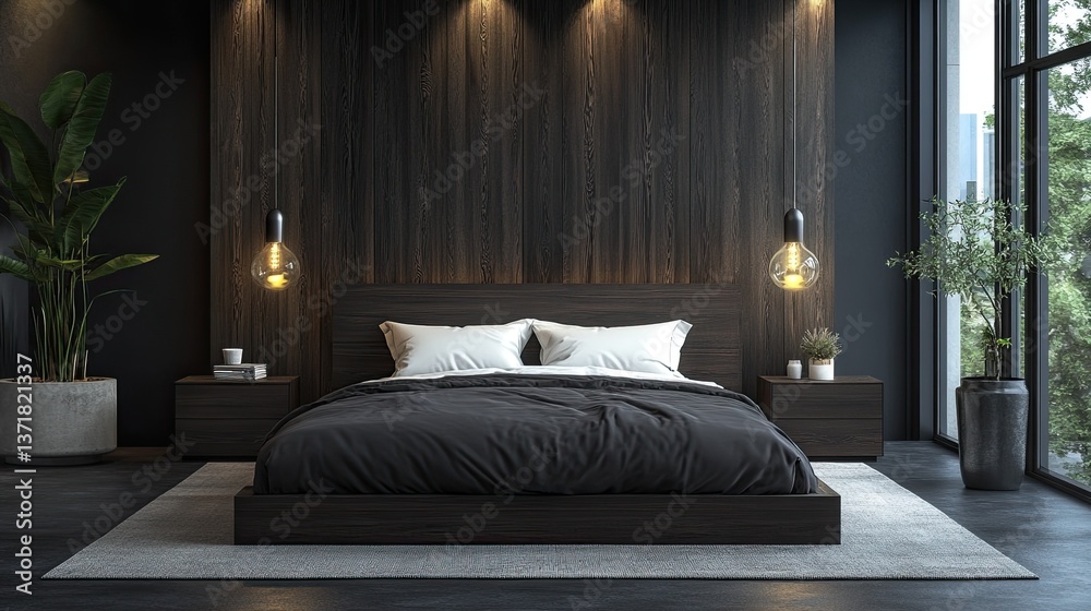 Minimalist dark wooden bedroom in Scandinavian style with duvet, pendant lamps, and side tables. Minimalist dark wooden bedroom in Scandinavian style with duvet, pendant lamps, and side tables.